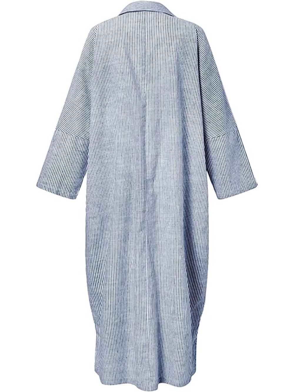 Women's Blue Long Sleeve Button Down Loose Striped Cotton Maxi Shirt Dress - Picture 4 of 5